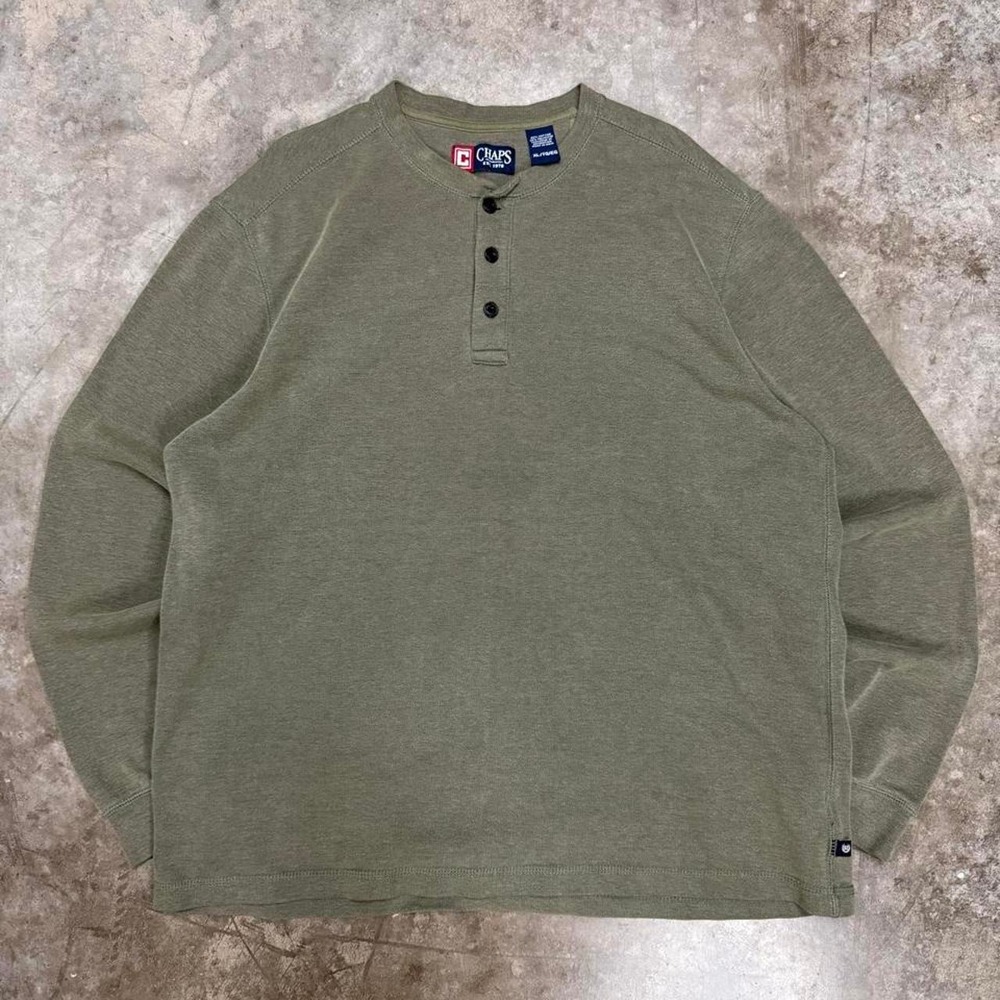 Vintage Chaps Henley Shirt Mens XL Olive Green Long Sleeve Y2K Slub Knit Top
